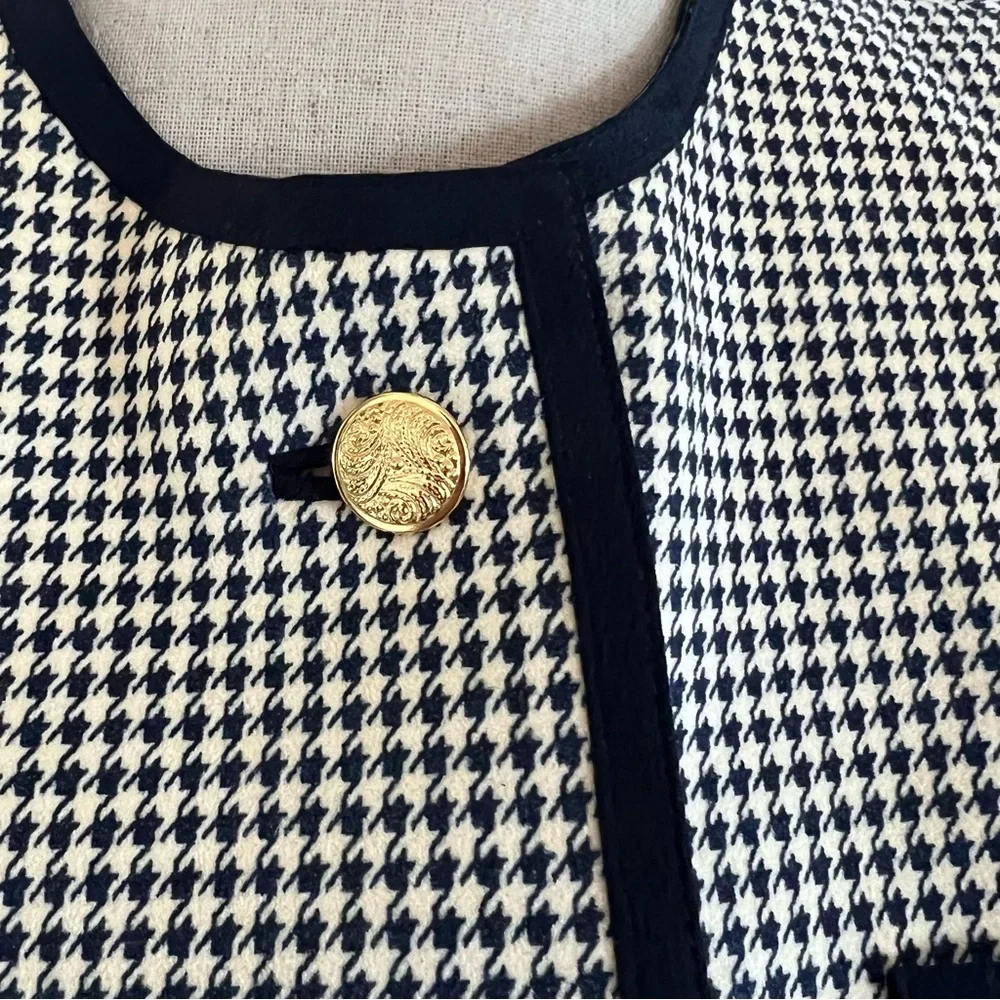 Collarless Leather‎ Feel Jacket Blazer Full Lined Navy White Lattice
